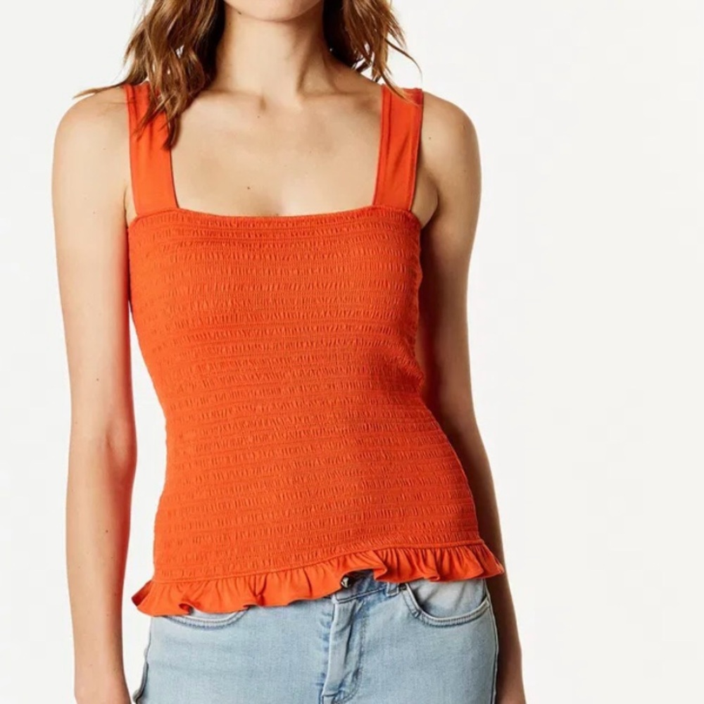 Karen Millen Orange Ruffled Fitted Sleeveless Tank Top